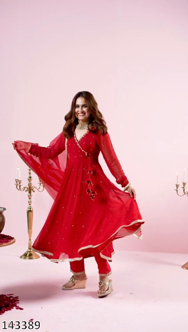 Georgette Afghani Style Red Anarkali Kurti