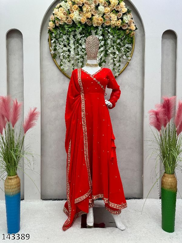 Georgette Afghani Style Red Anarkali Kurti