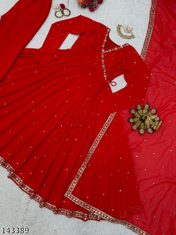 Georgette Afghani Style Red Anarkali Kurti