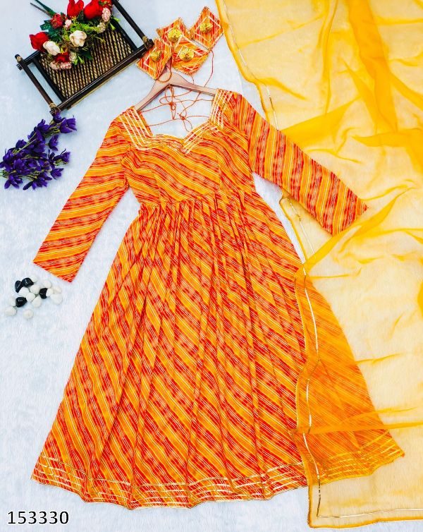 Mustard Lehariya Anarkali Kurti Pair Set