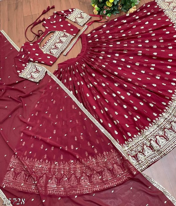 Fox georgette with heavy 5mm sequens embroidery work with fancy kamar belt red colour