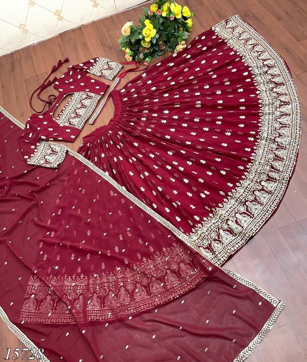 Fox georgette with heavy 5mm sequens embroidery work with fancy kamar belt red colour