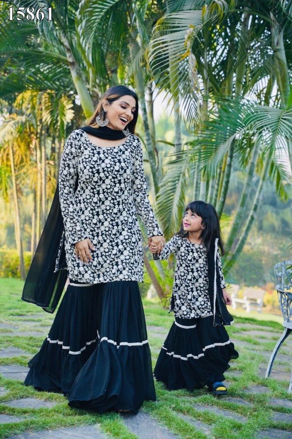 Gorgette With Embroidery Siqunce Work Full Sleeves Mother Daughter Combo Collections