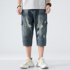 Men's Loose Elastic Waist Printed Cropped Jeans