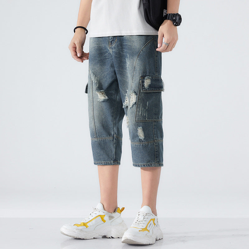 Men's Loose Elastic Waist Printed Cropped Jeans