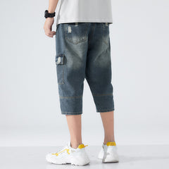 Men's Loose Elastic Waist Printed Cropped Jeans