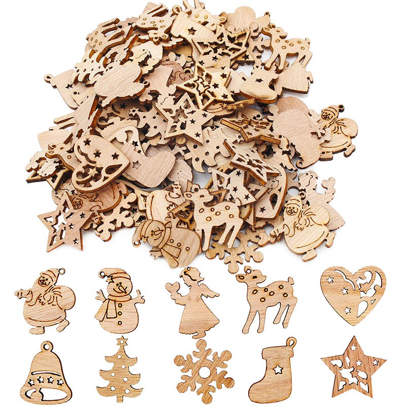 50pcs Wooden Christmas Decorations Tree Ornaments Santa