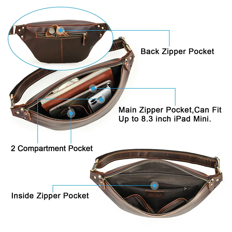 CONTACT'S Men's Waist Bag Genuine Leather Waist Pack Travel Fanny Belt Bag Phone Pouch Luxury Handbag Male Crossbody Chest Bag