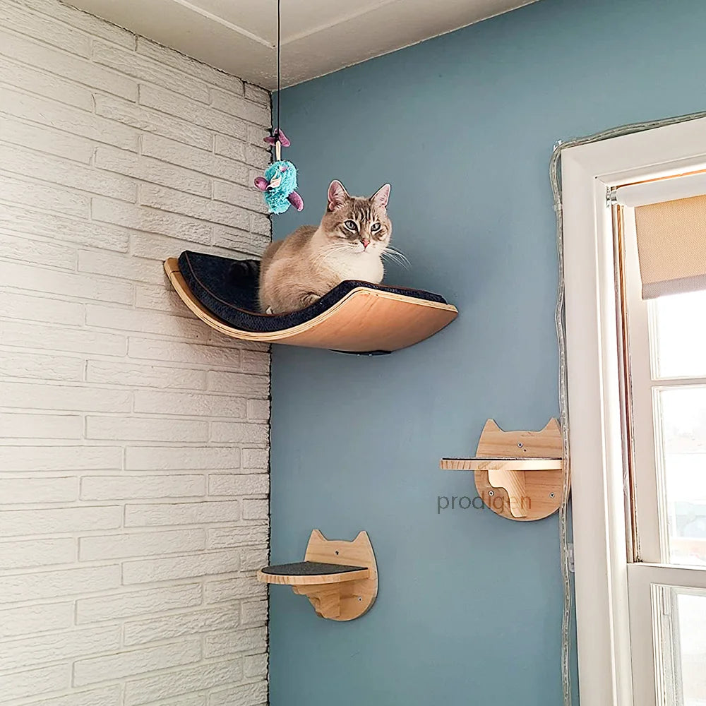 Cat Tree Wall Mounted Cat Climbing Shelves Frame Wooden Hammock with Jumping Platform and Scratching Post Pet Indoor Furniture