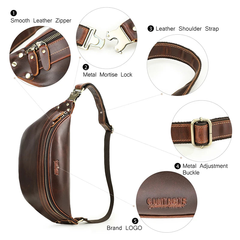 CONTACT'S Men's Waist Bag Genuine Leather Waist Pack Travel Fanny Belt Bag Phone Pouch Luxury Handbag Male Crossbody Chest Bag