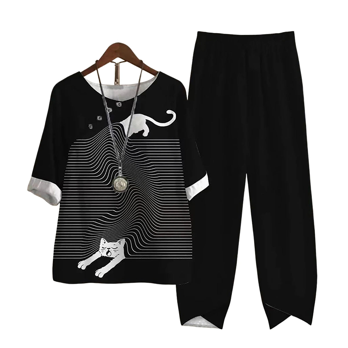 Harajuku Vintage Pattern Print 2pcs Outfits Women Elegant O Neck Top Pullover & Straight Pants Suit