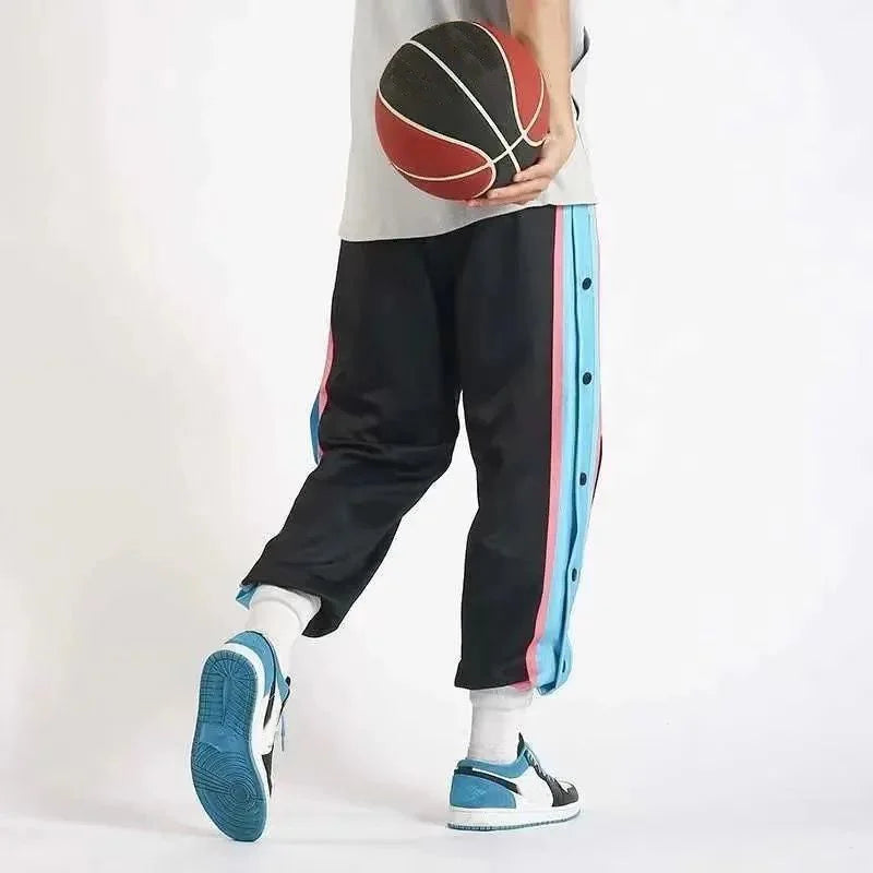 Men's Sports Pants Side Buttons Pants Fully Open Loose Wide Leg Casual Strap Basketball Pants