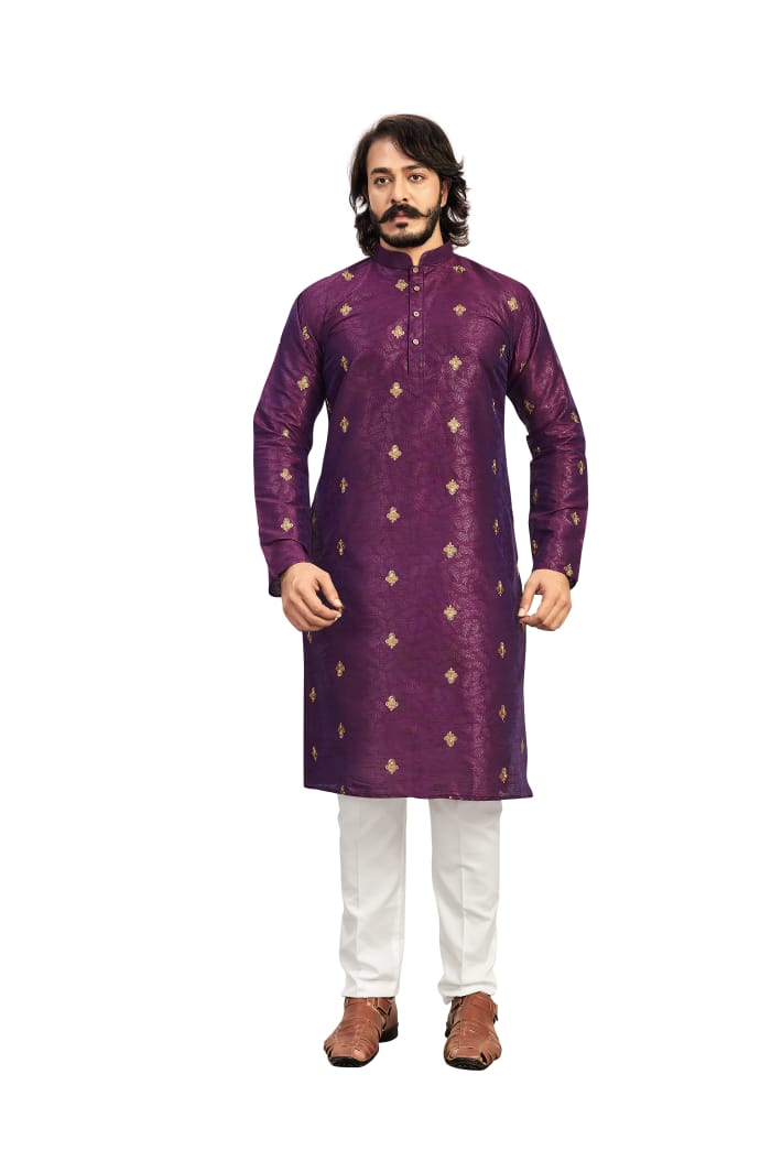 Dashing Super Stylish Formal Office Wear Unique Design Embroidery Lace Work Silk Kurta Payjama For Special Occasion