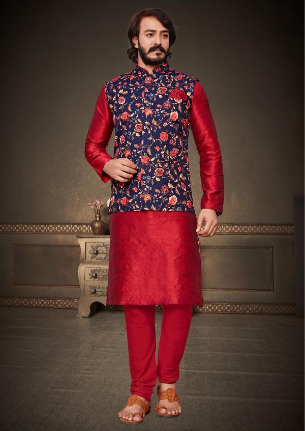 Cotti Wedding Wear Digital Printed Nehru Jacket And Matching Kurta Payjama Combo Set