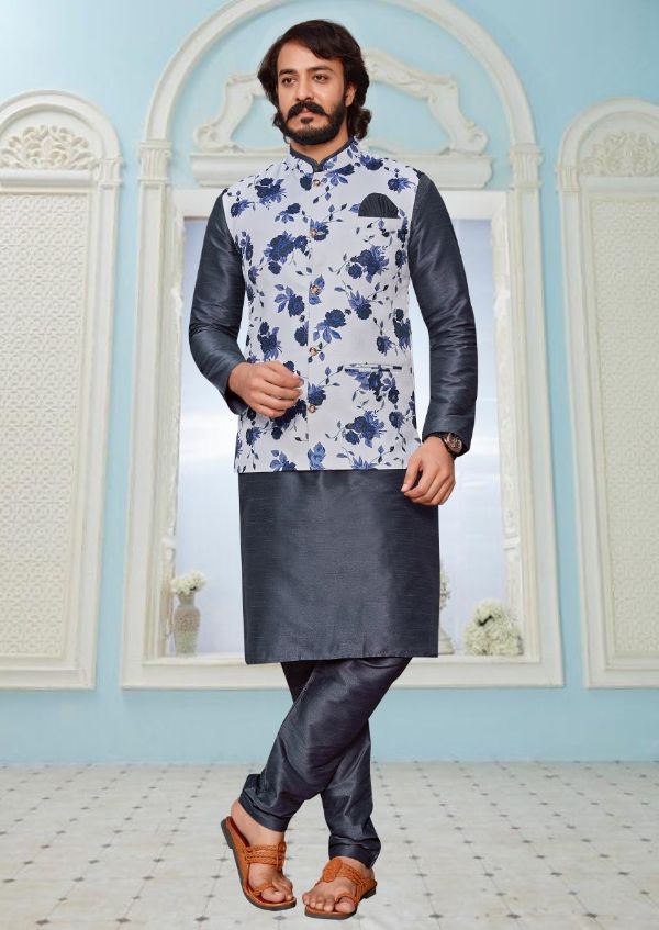 Cotti Wedding Wear Digital Printed Nehru Jacket And Matching Kurta Payjama Combo Set