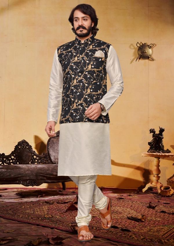 Cotti Wedding Wear Digital Printed Nehru Jacket And Matching Kurta Payjama Combo Set