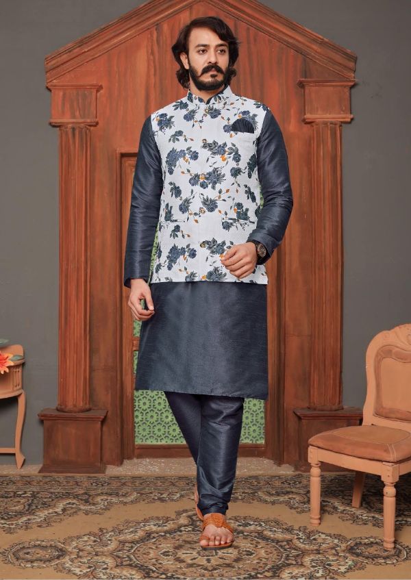 Cotti Wedding Wear Digital Printed Nehru Jacket And Matching Kurta Payjama Combo Set