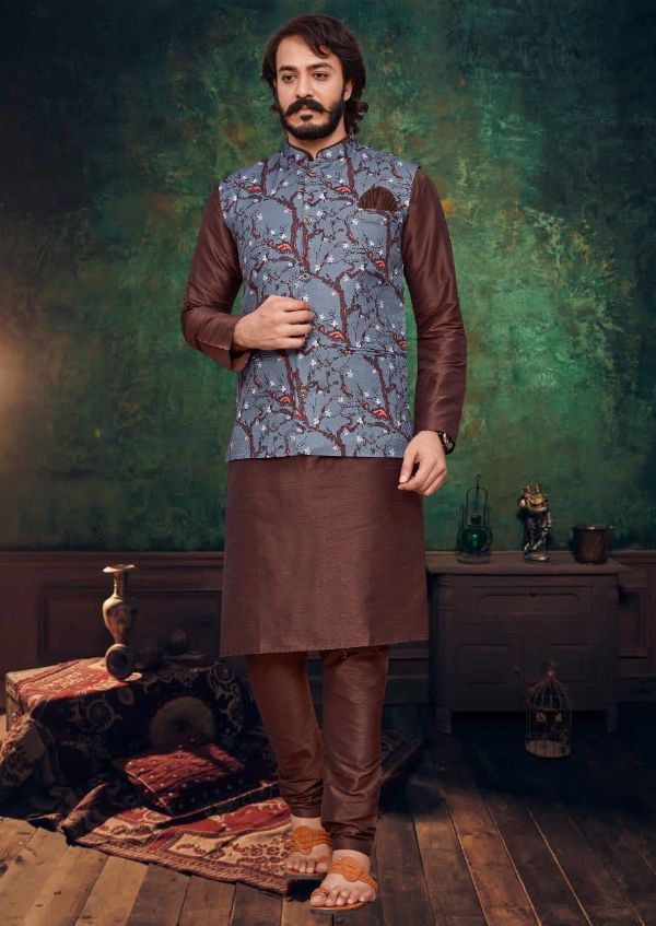 Cotti Wedding Wear Digital Printed Nehru Jacket And Matching Kurta Payjama Combo Set