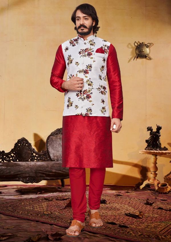 Cotti Wedding Wear Digital Printed Nehru Jacket And Matching Kurta Payjama Combo Set