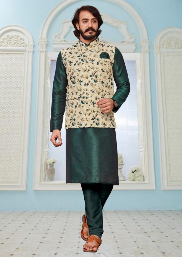 Cotti Wedding Wear Digital Printed Nehru Jacket And Matching Kurta Payjama Combo Set