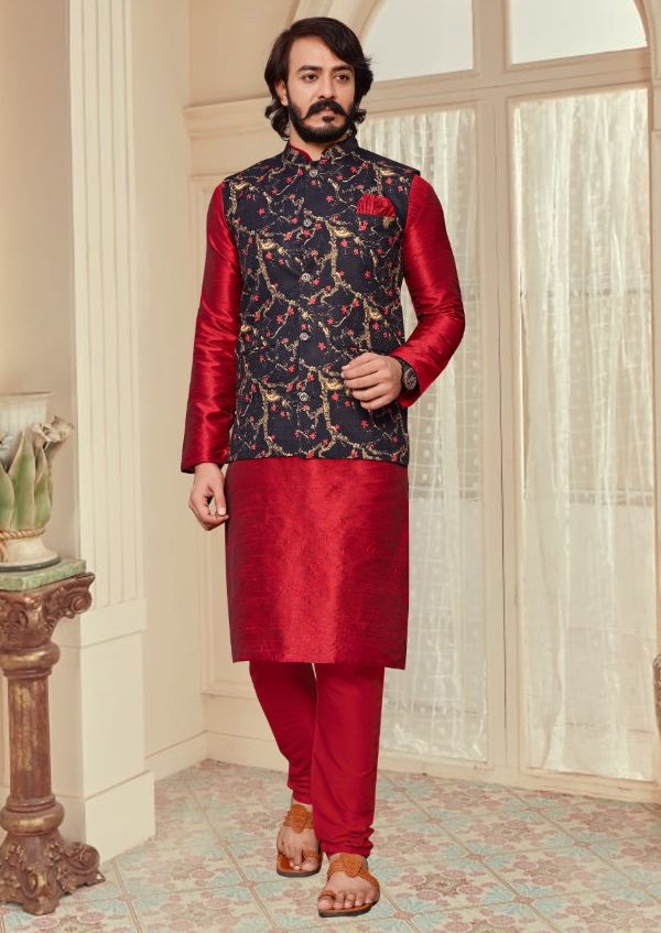 Cotti Wedding Wear Digital Printed Nehru Jacket And Matching Kurta Payjama Combo Set