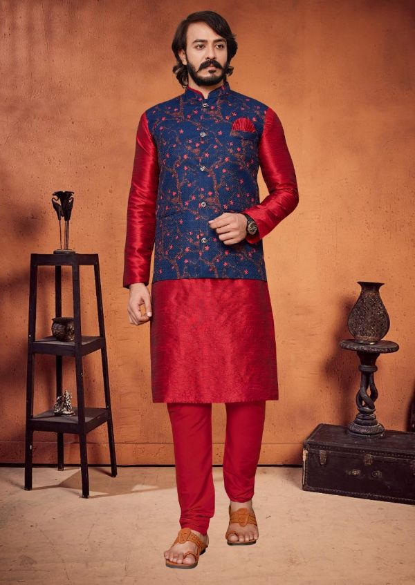 Cotti Wedding Wear Digital Printed Nehru Jacket And Matching Kurta Payjama Combo Set