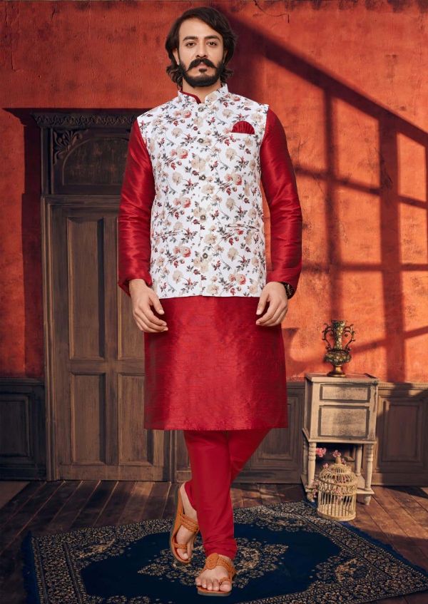 Cotti Wedding Wear Digital Printed Nehru Jacket And Matching Kurta Payjama Combo Set