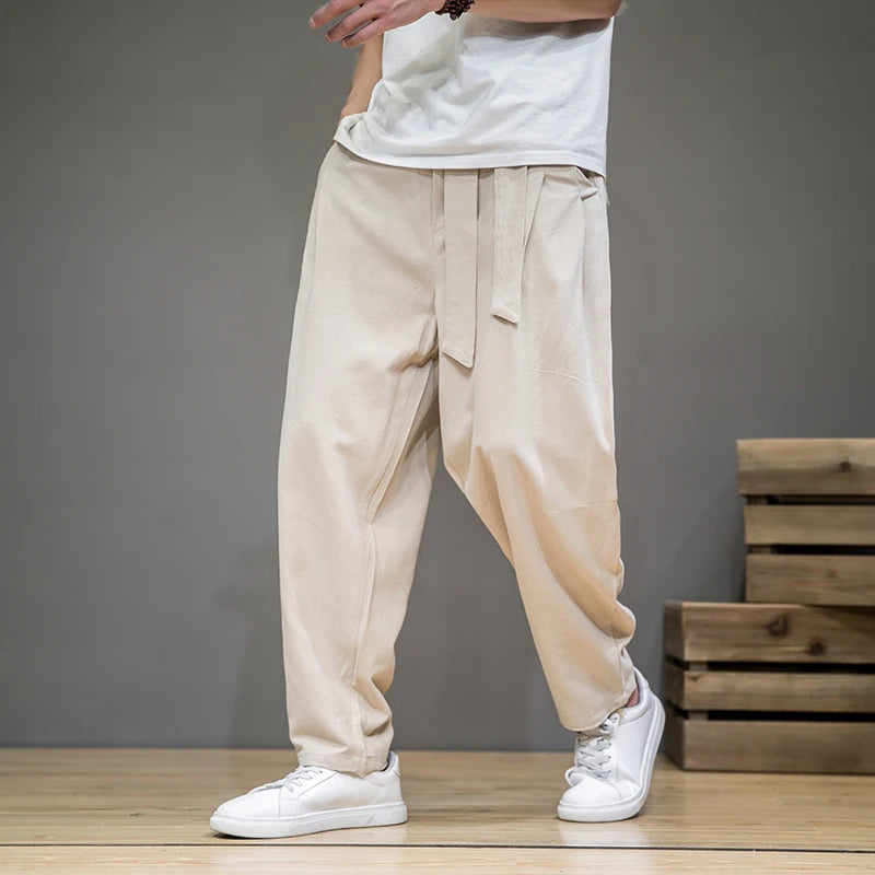 Spring Cotton Linen Pants Men Elastic Waist Casual Harem Pant