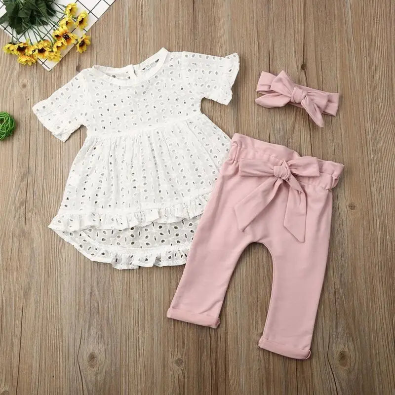 Girl Clothes Girls LaceShort Sleeve Top Kid T-Shirt Pants Trousers Headband Set