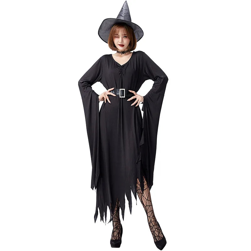 Halloween Women Witch Costume Evil Witch Cosplay Outfit Carnival Masquerade Irregular Black Fantasia Dress With Hat