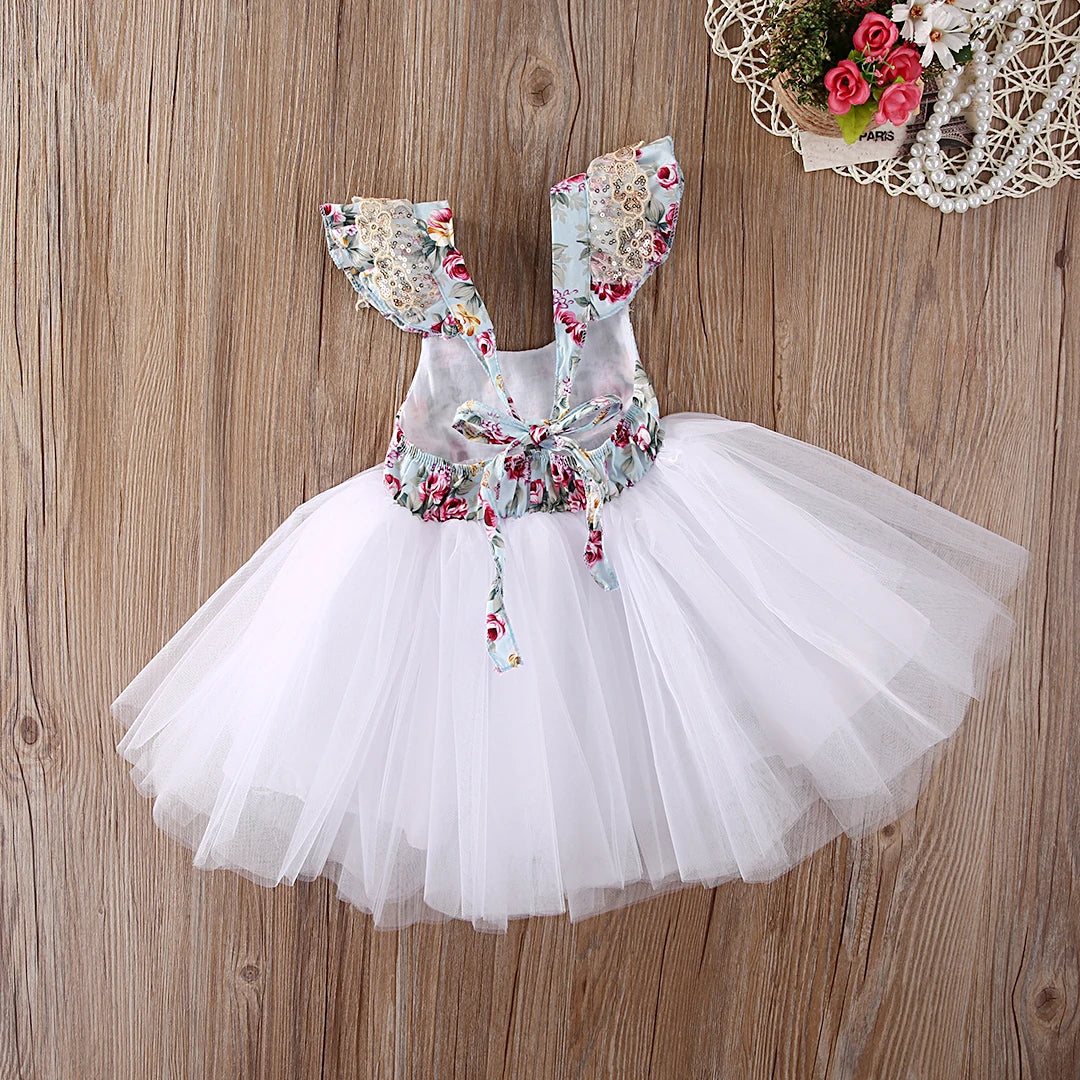 Girls Princess Dress Floral Lace Tulle Wedding Birthday Party Tutu Dress