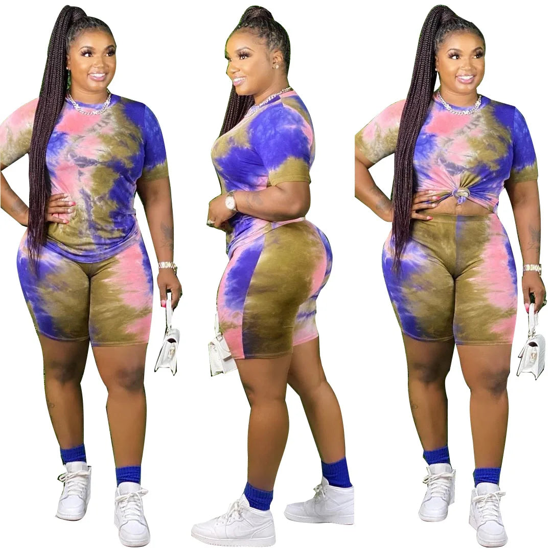 Summer S-5XL Plus Size Women Clothing Two Piece Set Fashion Sport Printed Tie Dye Short Sleeve Round Neck Short Sets