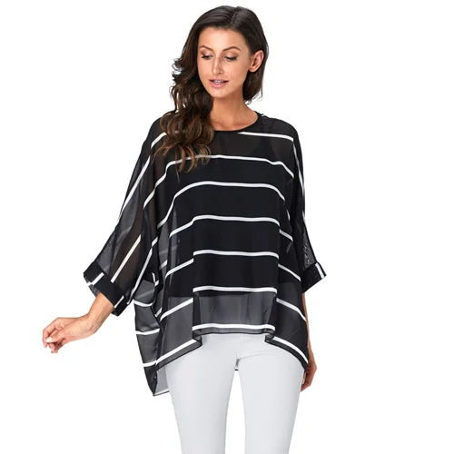 Women New Striped Print Summer Tops Tees Batwing Sleeve Casual Chiffon Blouses