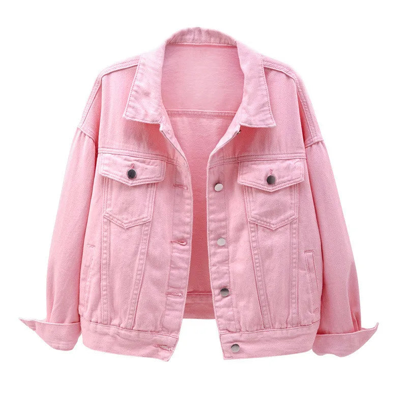 Women's Plus Size Denim Jacket Spring Autumn Short Coat Pink Jean Jackets Casual Tops