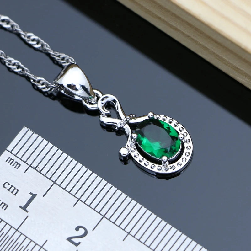 Women Green Emerald Birthstone Simple Office Long Earrings Bracelet Necklace Set