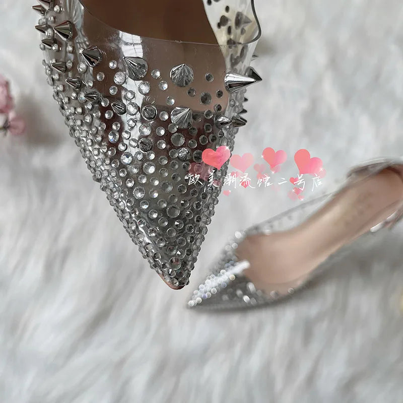 TOMONYE transparent PVC silver crystal stud spike women lady girl 120 100 thin heel wedding party shoes hot sale