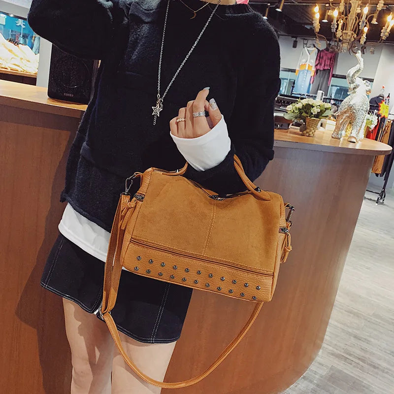 Women Bag Autumn Winter PU Bucket Rivet Vintage Patchwork High-Capacity Shoulder Bags