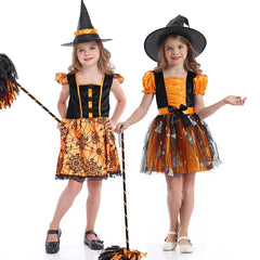 Children Girls Halloween Cosplay Witch Costume With Hat Witch Dress Clothing Set