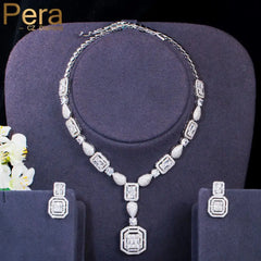 Pera Classic Square Dangle Bling Cubic Zirconia Pendant Necklace Earring Women Wedding Costume Party Jewelry Set