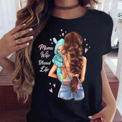 T Shirt Cartoon Mom with Sons Shirt Fashion Print Casual Woman Tee Ladies