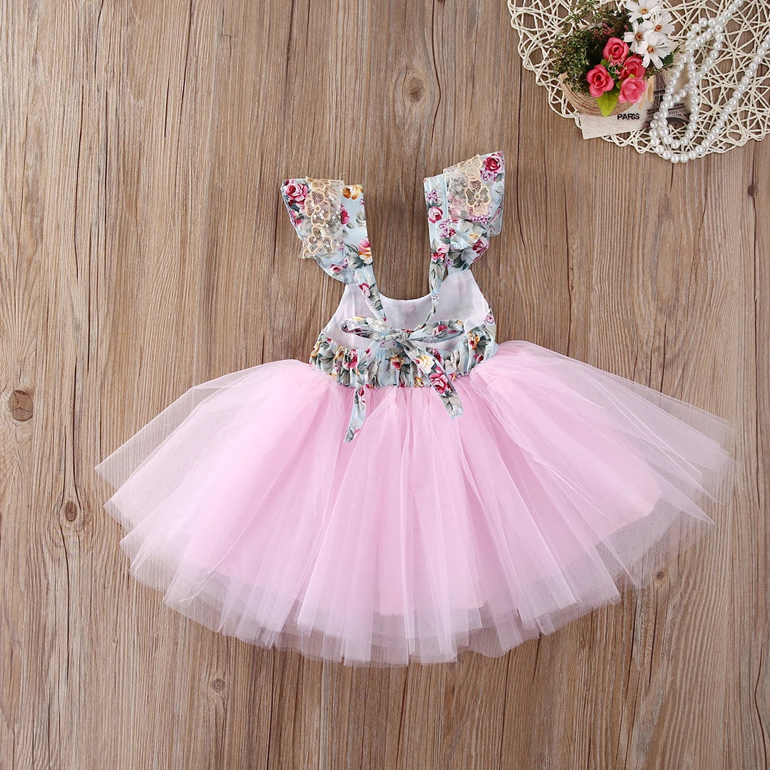 Girls Princess Dress Floral Lace Tulle Wedding Birthday Party Tutu Dress