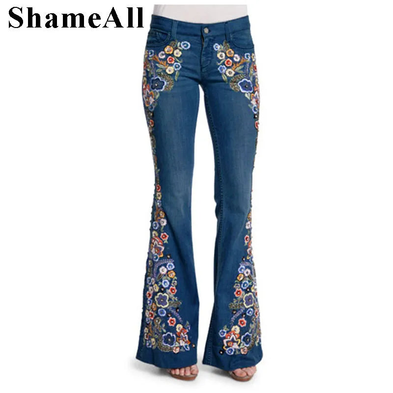 Spring Women Plus Size  Multicolor Boho Floral  Embroidery Long Flare Jeans