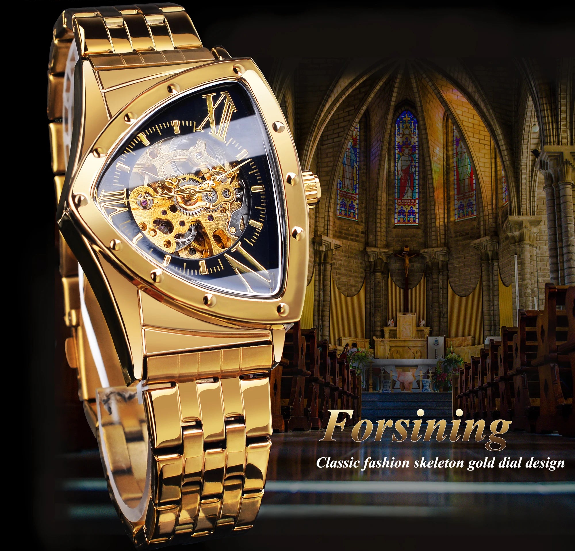 Golden Luxury Men Mechanical Wristwatch Triangle Automatic Watches