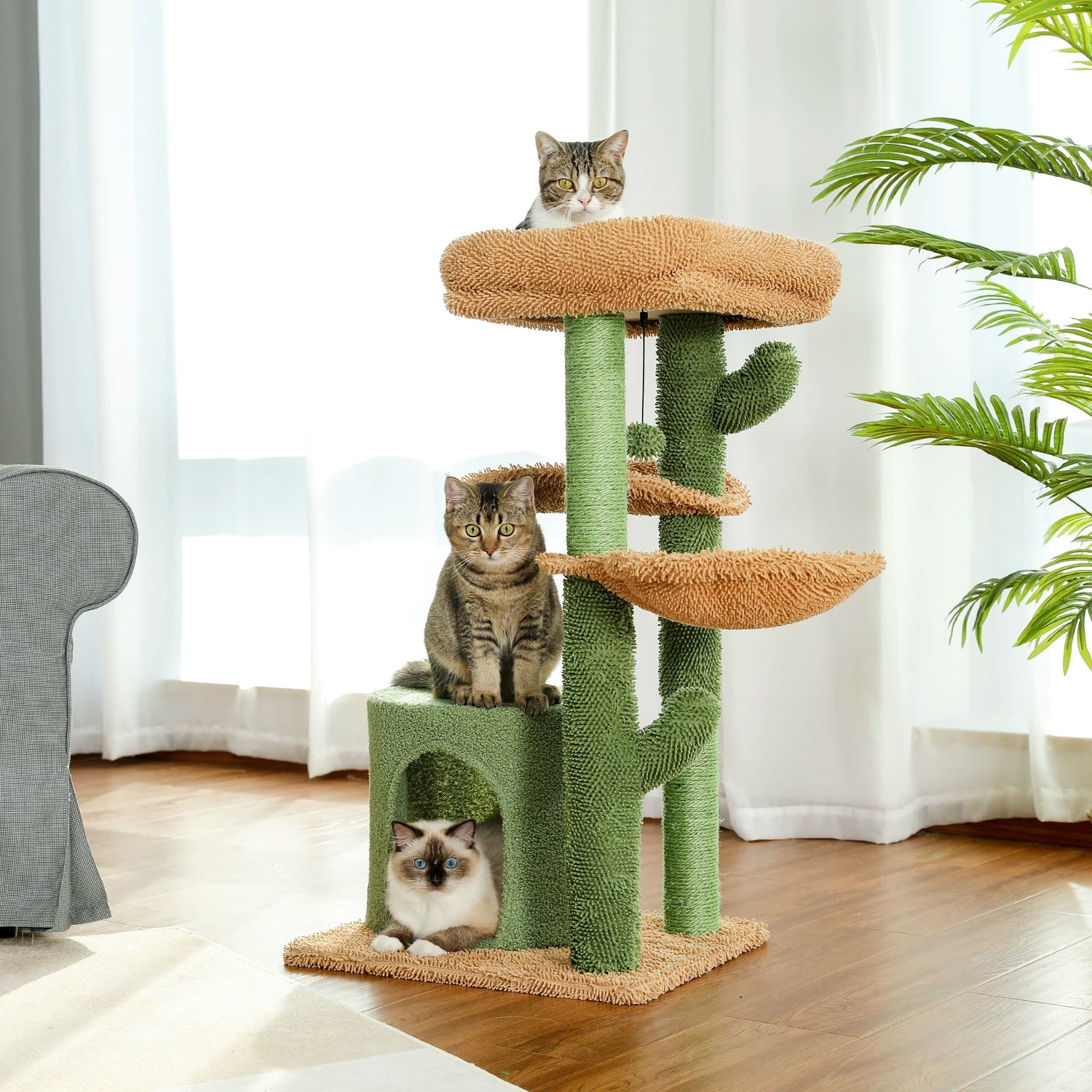 Cactus Cat Tree Houses Hummock Fully Wrapped Scratching Post Wood Climbing Tower for Cat