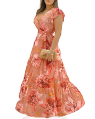 Women's V-neck Ruffle Sleeve Floral Print Chiffon Slim Long Dress