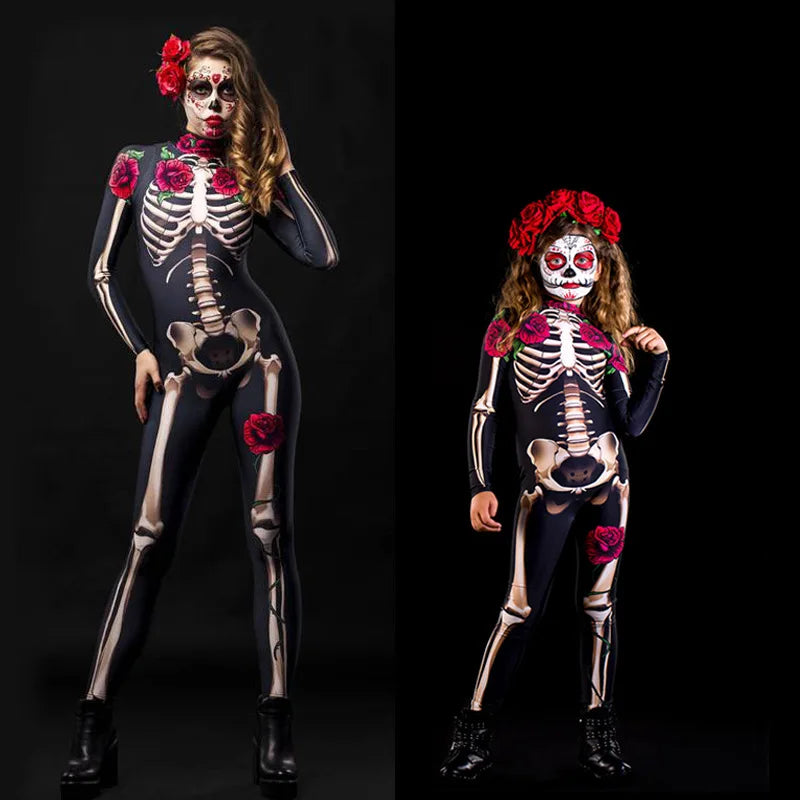 Women Cosplay Human Skeleton Bodysuit Halloween Devil Ghost Specter Jumpsuit Carnival Party Performance Scary Costume