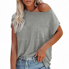 Solid Color Short Sleeve T-shirts Women Off Shoulder O Neck Tshirts for Women