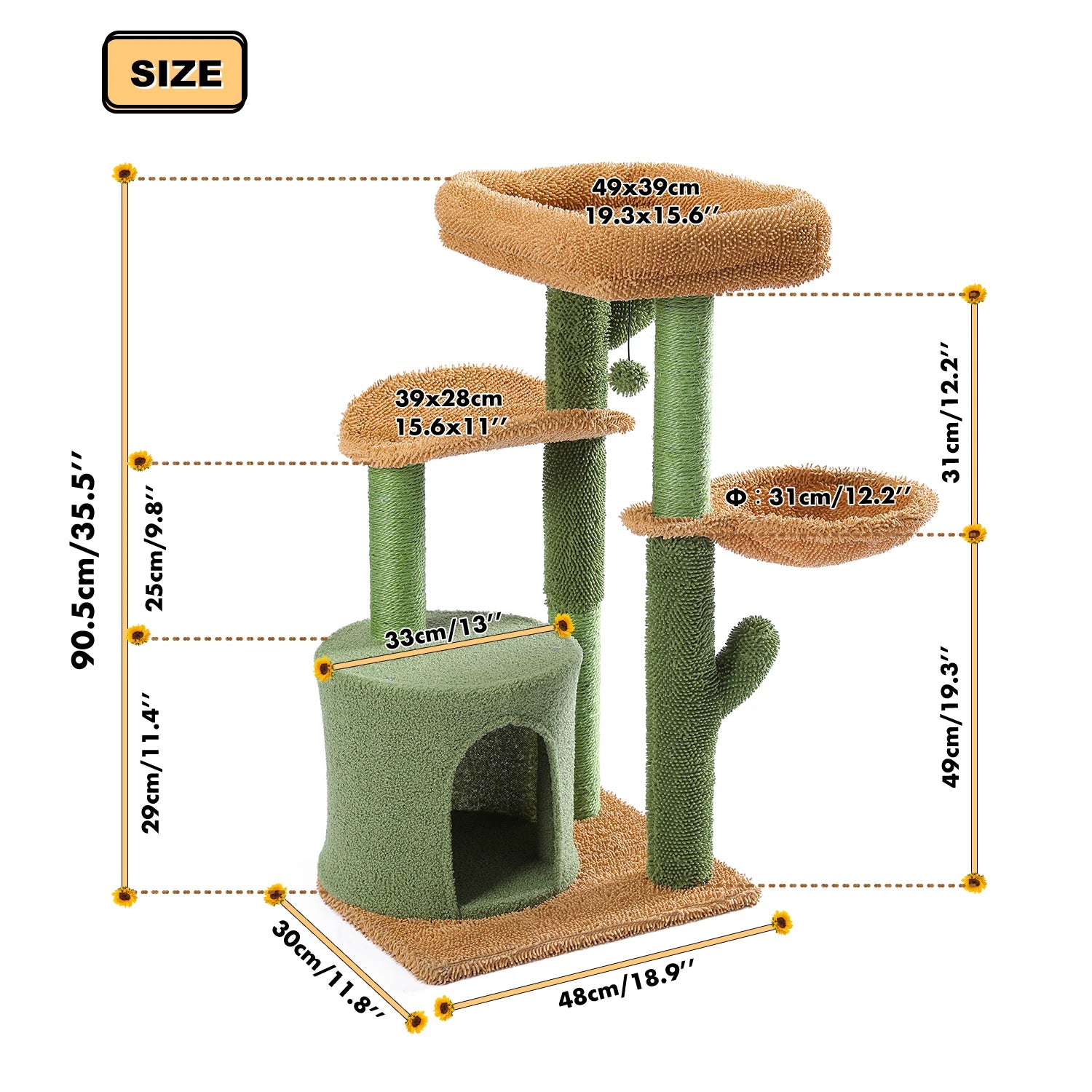 Cactus Cat Tree Houses Hummock Fully Wrapped Scratching Post Wood Climbing Tower for Cat