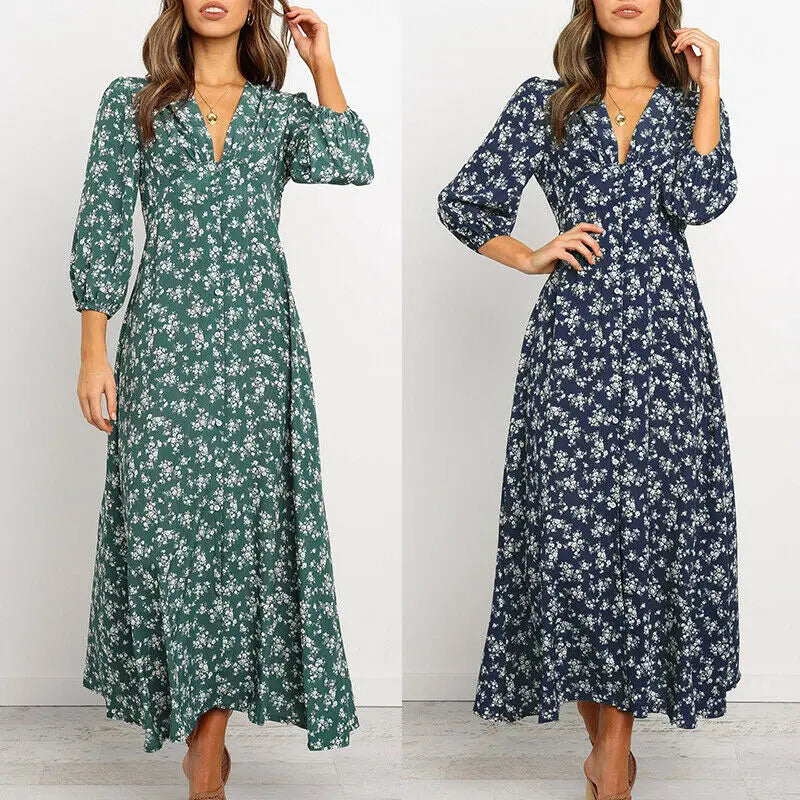 Women's Summer Bohemian Floral Print Long Maxi Dress