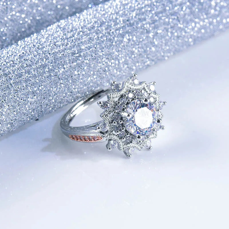 Crystal Ring Elegant Girl Flower Edge Inlay Zircon Ring Charm Bride Eternal Engagement Ring Jewelry